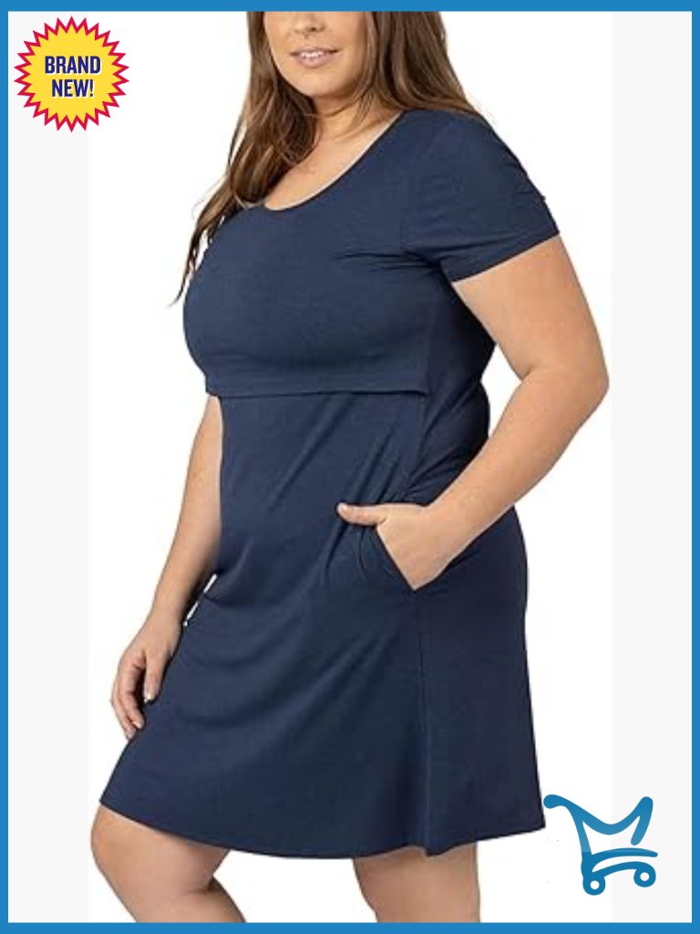 Maternity Nursing Dress Short Sleeve With Pockets Soft Bamboo Viscose